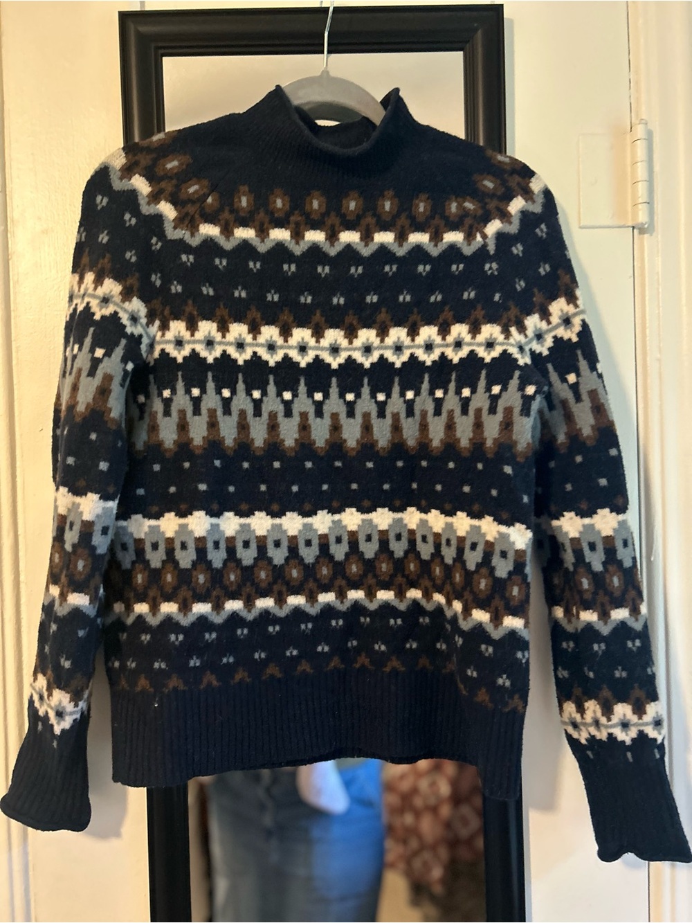 Navy Fair Isle Knit Sweater - Brown & White Pattern